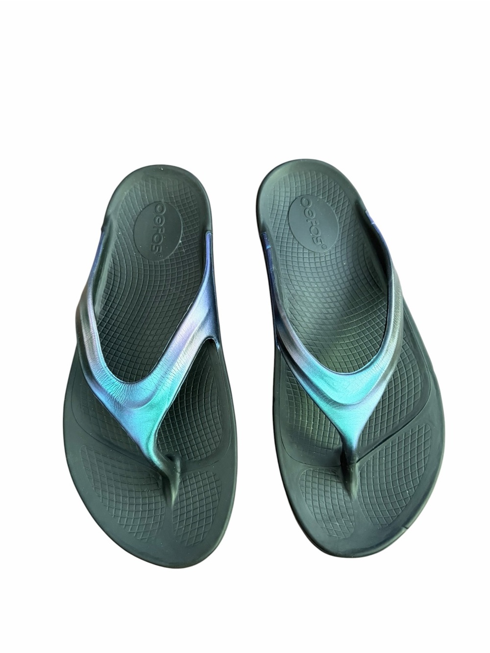 OOFOS OOlala Luxe Recovery Flip Flops Metallic Blue Women’s Size 9